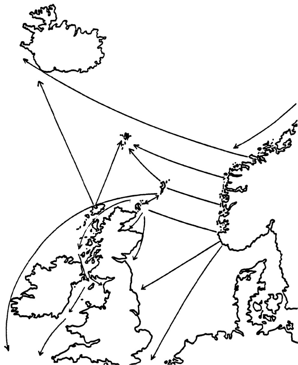 Viking trade routes in the Northern Atlantic (source: Steffen Stummann Hansen: Aspects of Viking-Age Society in Shetland and the Faroe Islands. In: D. Waugh (ed.): Shetland’s Northern Links: Language and History. Lerwick (: The Scottish Society for Northern Studies), 1996, s 118.)