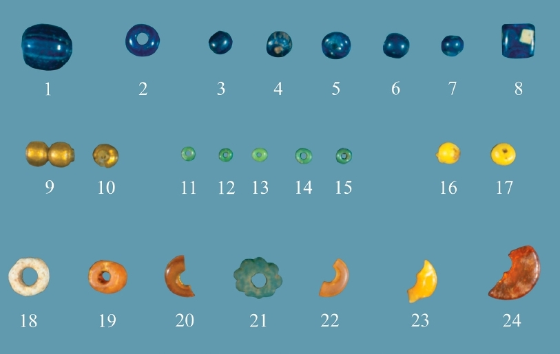 Glass beads from Leirvík on Eysturoy (source: Steffen Stummann Hansen – Inga Merkyte – Joanna Bending: Toftanes, a Viking Age Farmstead in the Faroe Islands: archaeology, environment and economy. Acta Archaeologica 84/1. Oxford (: Willey, Blackwell), 2013.s. 93)